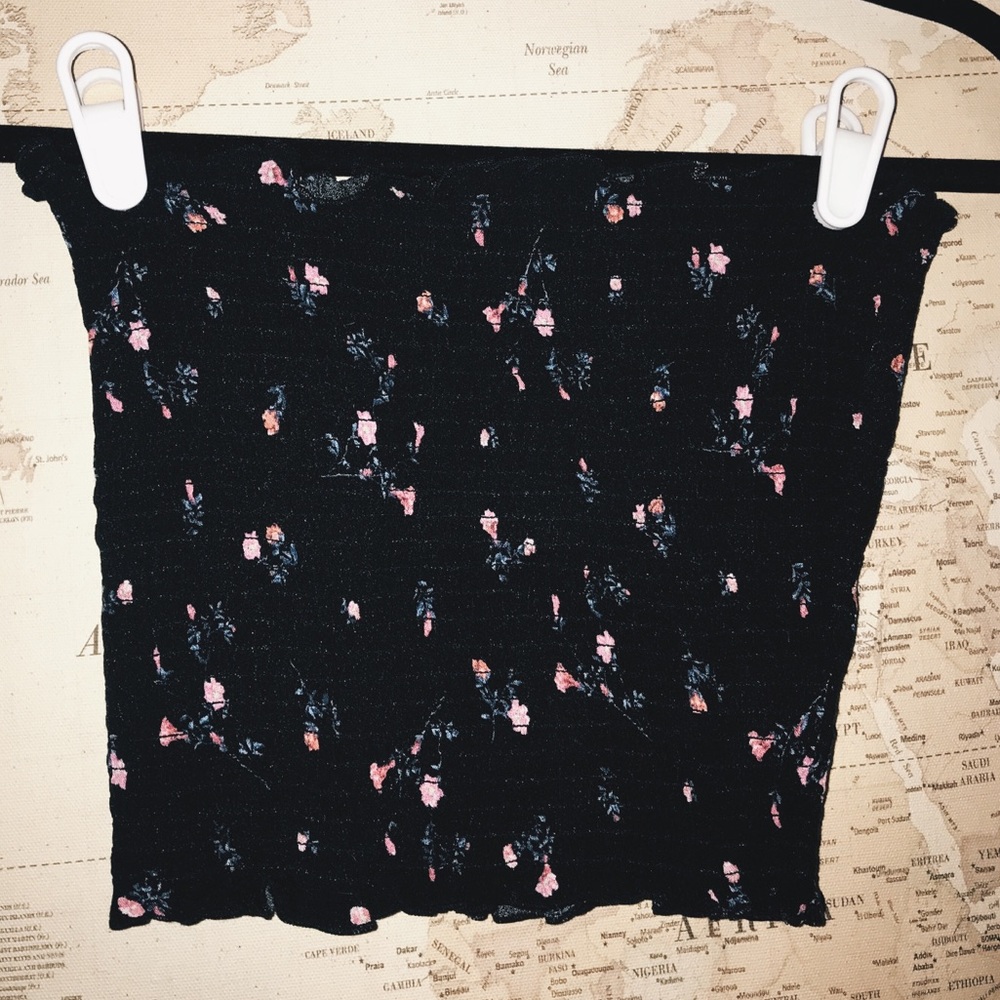 Lettuce Hem Black Tube Top with Pink Flower Detail